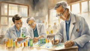 Three scientists examining test tubes in lab watercolor illustration.