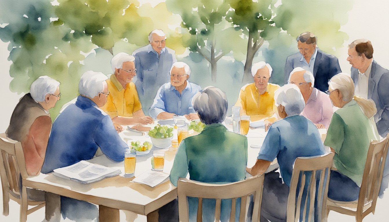 Watercolor of seniors gathering around table outdoors.