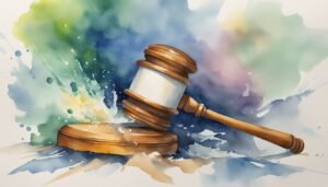 Watercolor painting of a wooden gavel with colorful background.