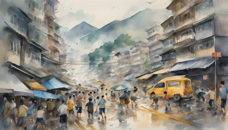 Busy street market scene in watercolor painting.