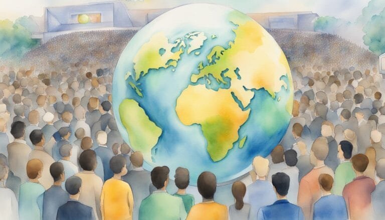 Illustration of diverse crowd facing large globe.