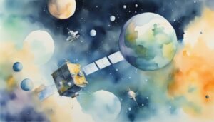 Watercolor painting of a satellite and planets in space