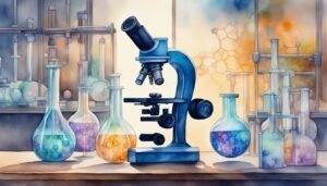 Watercolor illustration of laboratory microscope and colorful beakers.