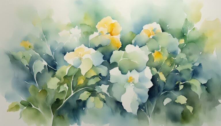 Watercolor painting of yellow and white flowers with foliage.