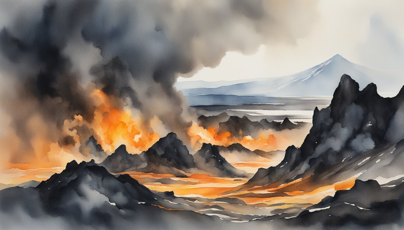 Watercolor painting of volcanic landscape with smoky skies.