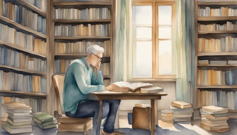 Man reading in a serene library setting.