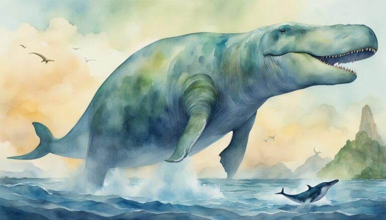 Prehistoric whale illustration with ocean and birds.