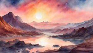 Watercolor landscape of mountainous terrain during sunset.