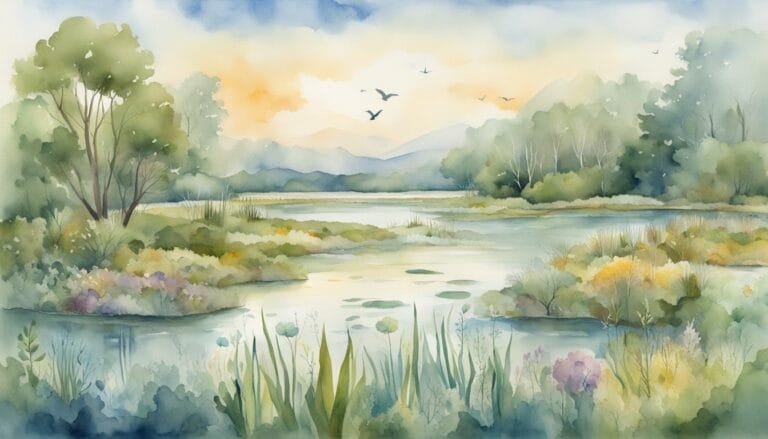 Pastel watercolor landscape with serene lake and flying birds.