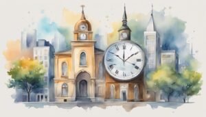 Watercolor cityscape with large clock tower illustration.