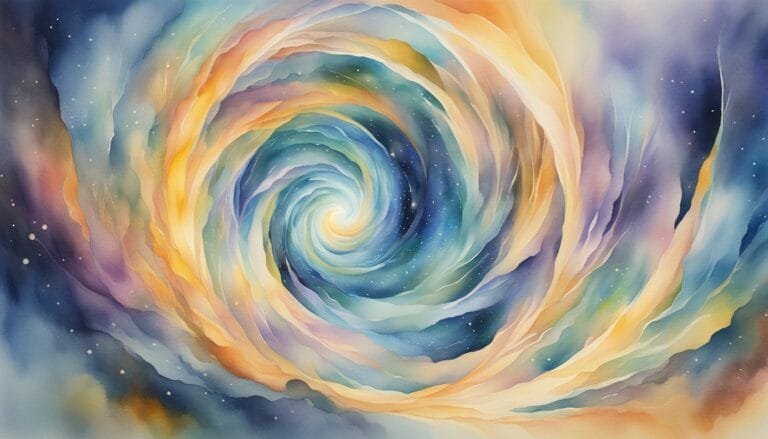 Colorful watercolor galaxy swirl painting.