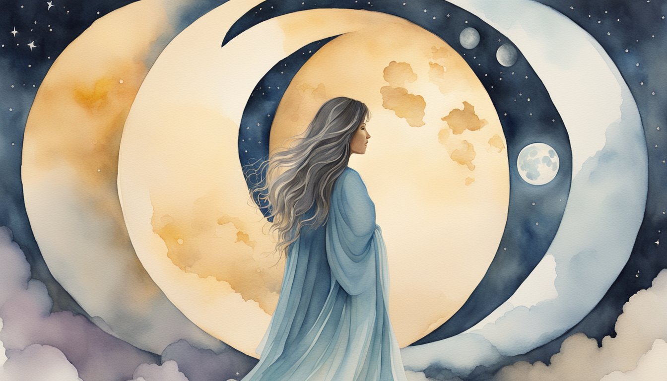 Woman with crescent moon and stars watercolor illustration.