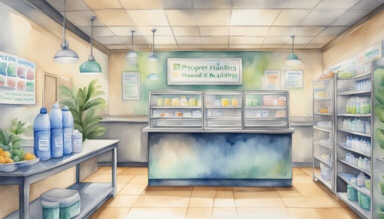 Watercolor illustration of a clean, organized pharmacy interior.