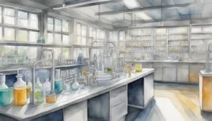 Watercolor illustration of a well-equipped chemistry laboratory.