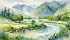 Watercolor painting of tranquil mountain landscape with river.