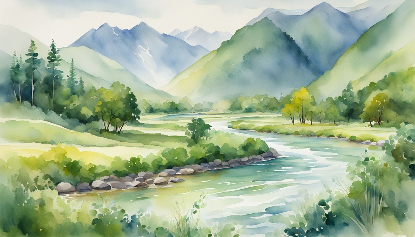 Watercolor painting of tranquil mountain landscape with river.