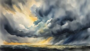 Watercolor painting of a stormy sky with lightning.