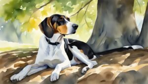 Watercolor painting of a dog under a tree.