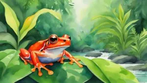 Red frog on leaf in tropical watercolor forest scene.