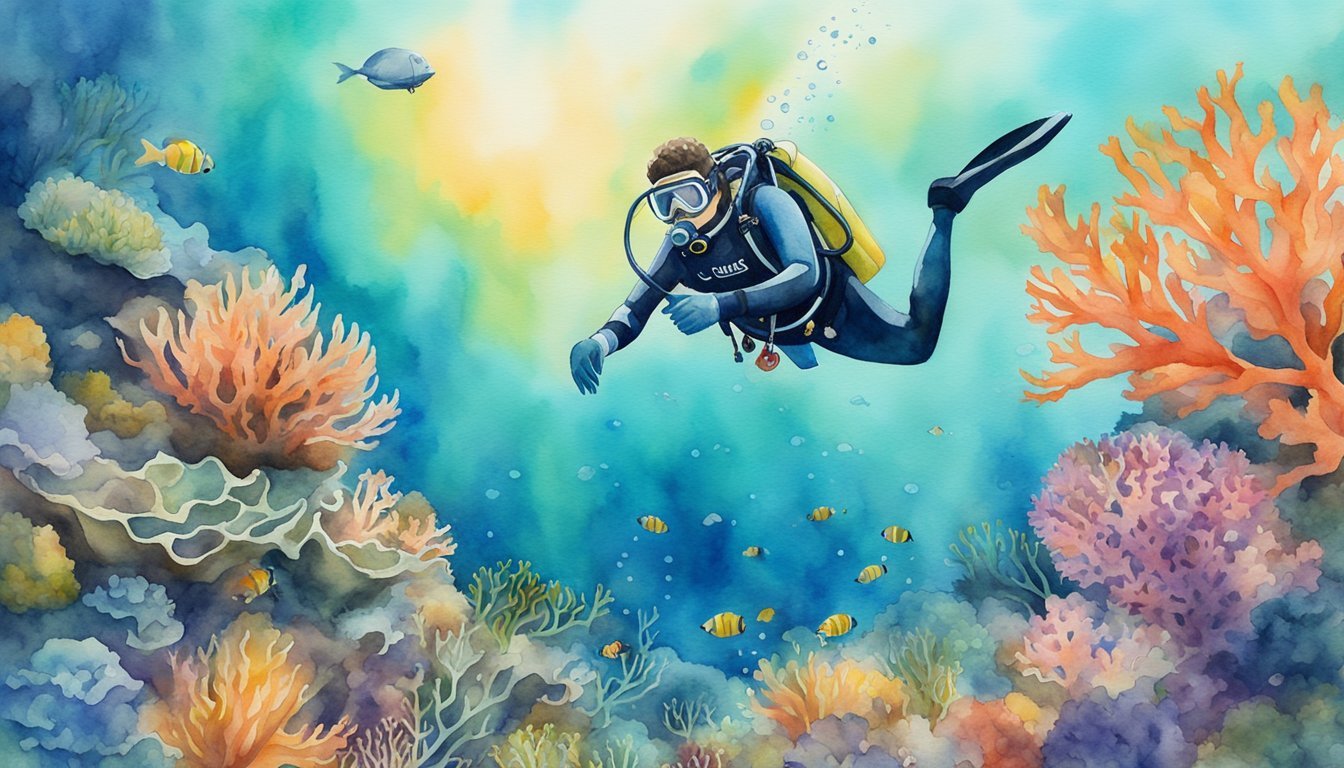 Diver exploring vibrant coral reef underwater.