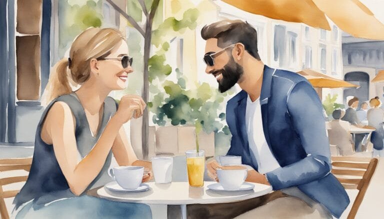 Two people enjoying coffee at an outdoor cafe.