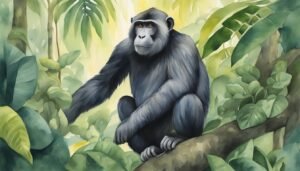 Illustration of a monkey in a lush jungle.