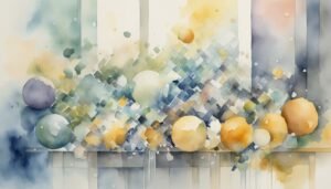 Abstract watercolor spheres with geometric background.