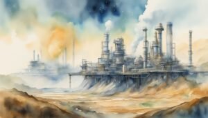 Watercolor industrial landscape with smokestacks and ocean.