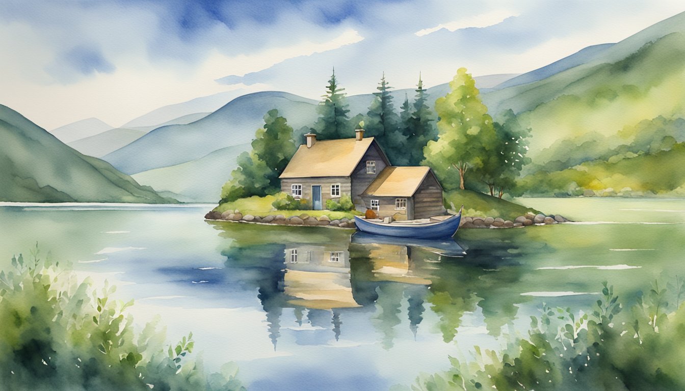 Watercolor painting of serene lakeside cottage with boat.