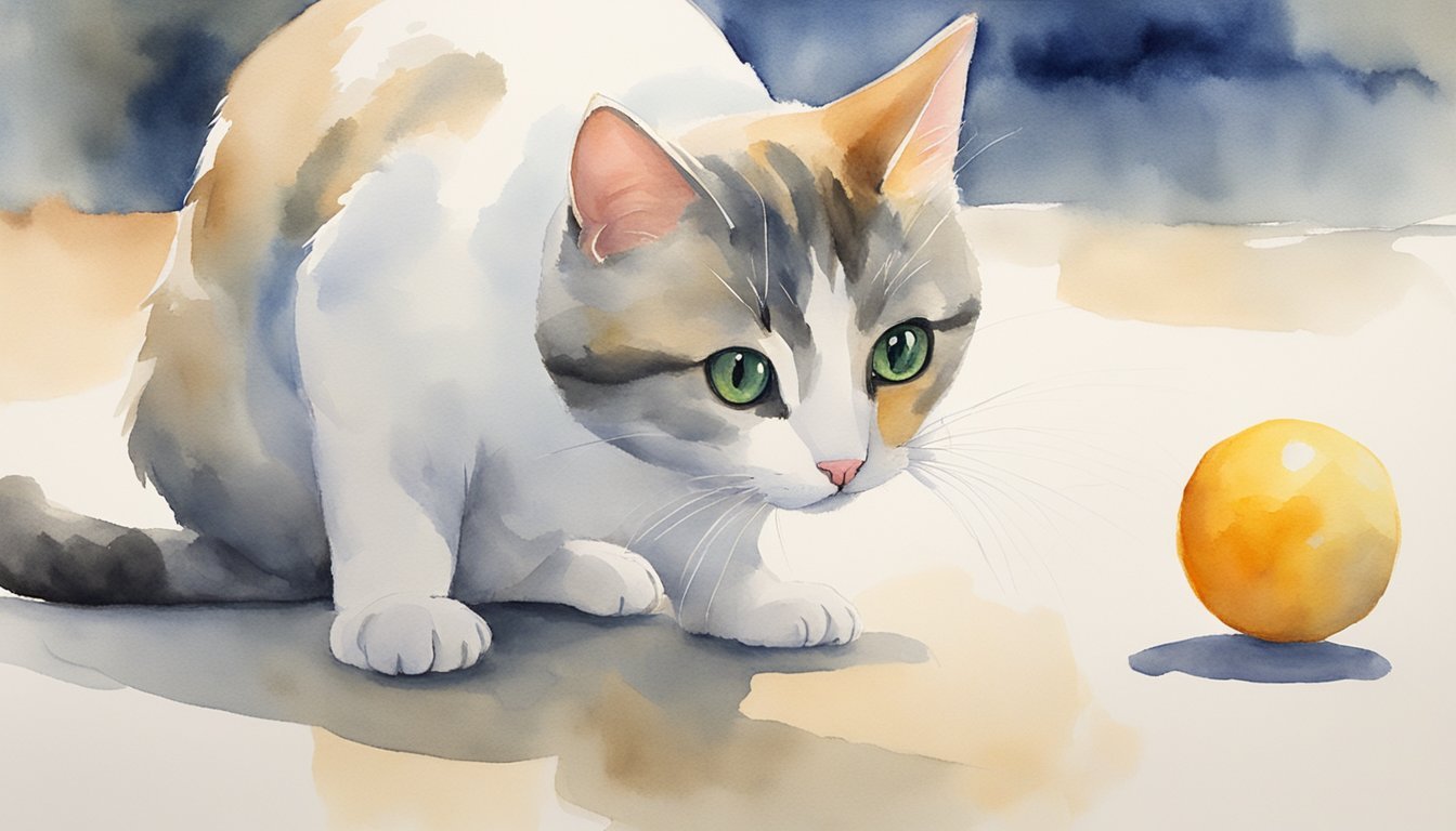 Cat staring at yellow ball, watercolor art.