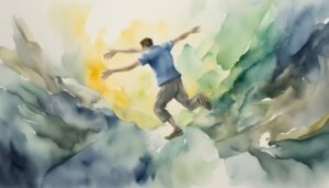 Man leaping through colorful watercolor landscape.