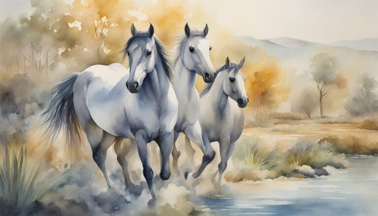 Three wild horses in misty watercolor landscape