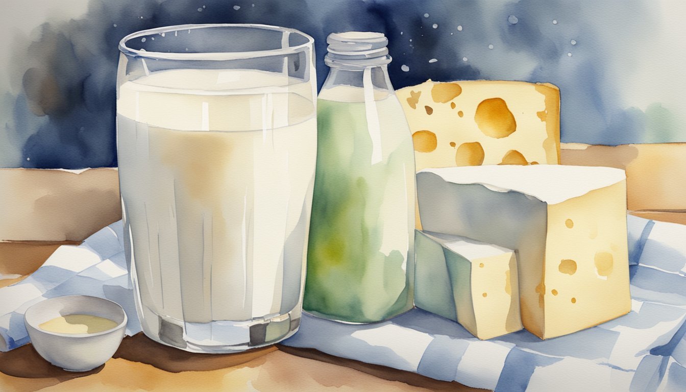 Glass of milk, cheese, and bottle on checkered cloth.