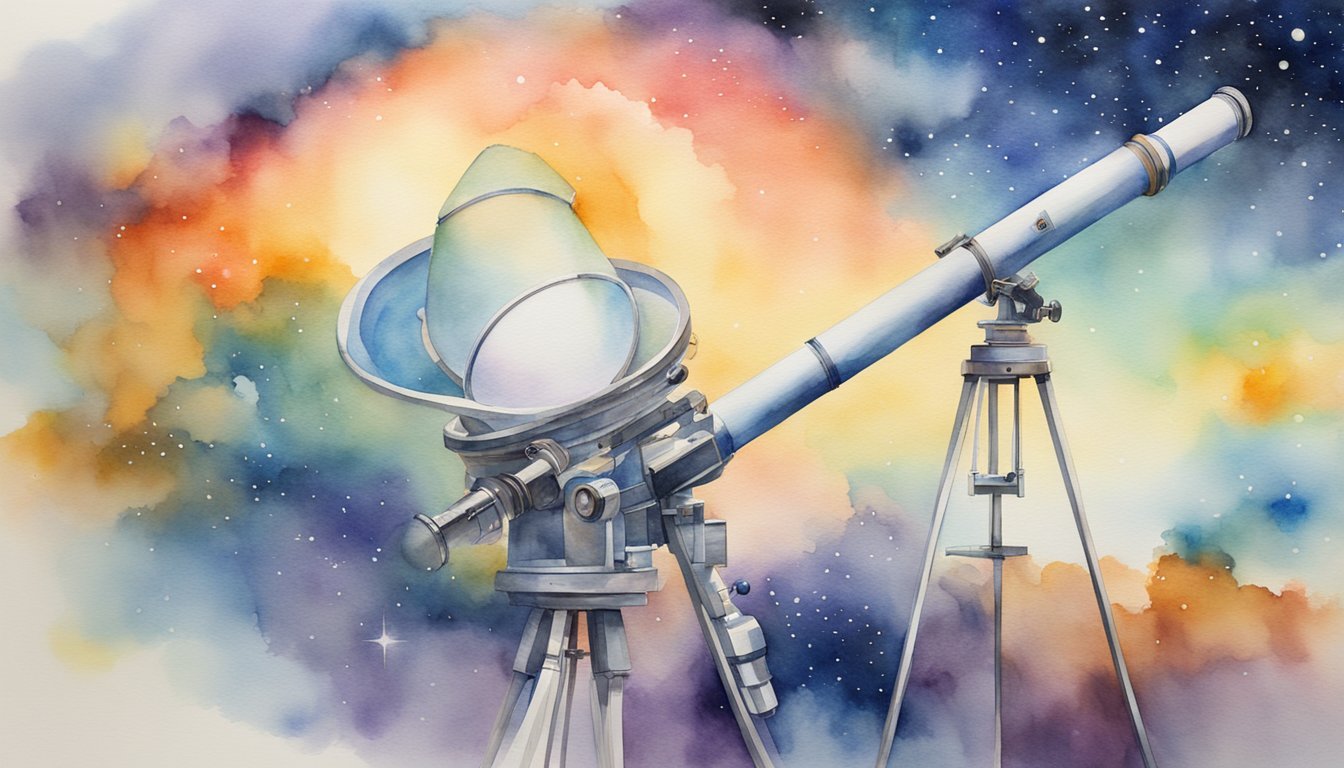 Telescope against watercolor cosmic background.