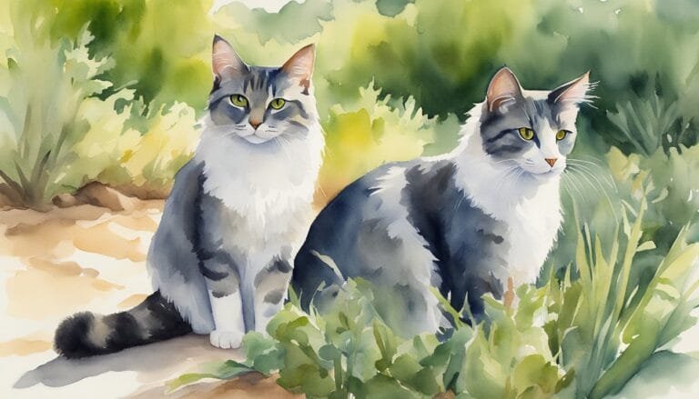 Two cats in a watercolor garden painting.