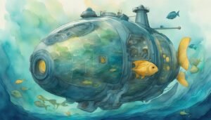 Illustrated underwater submarine with fish.