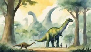 Dinosaurs and humans illustrated in prehistoric forest landscape.