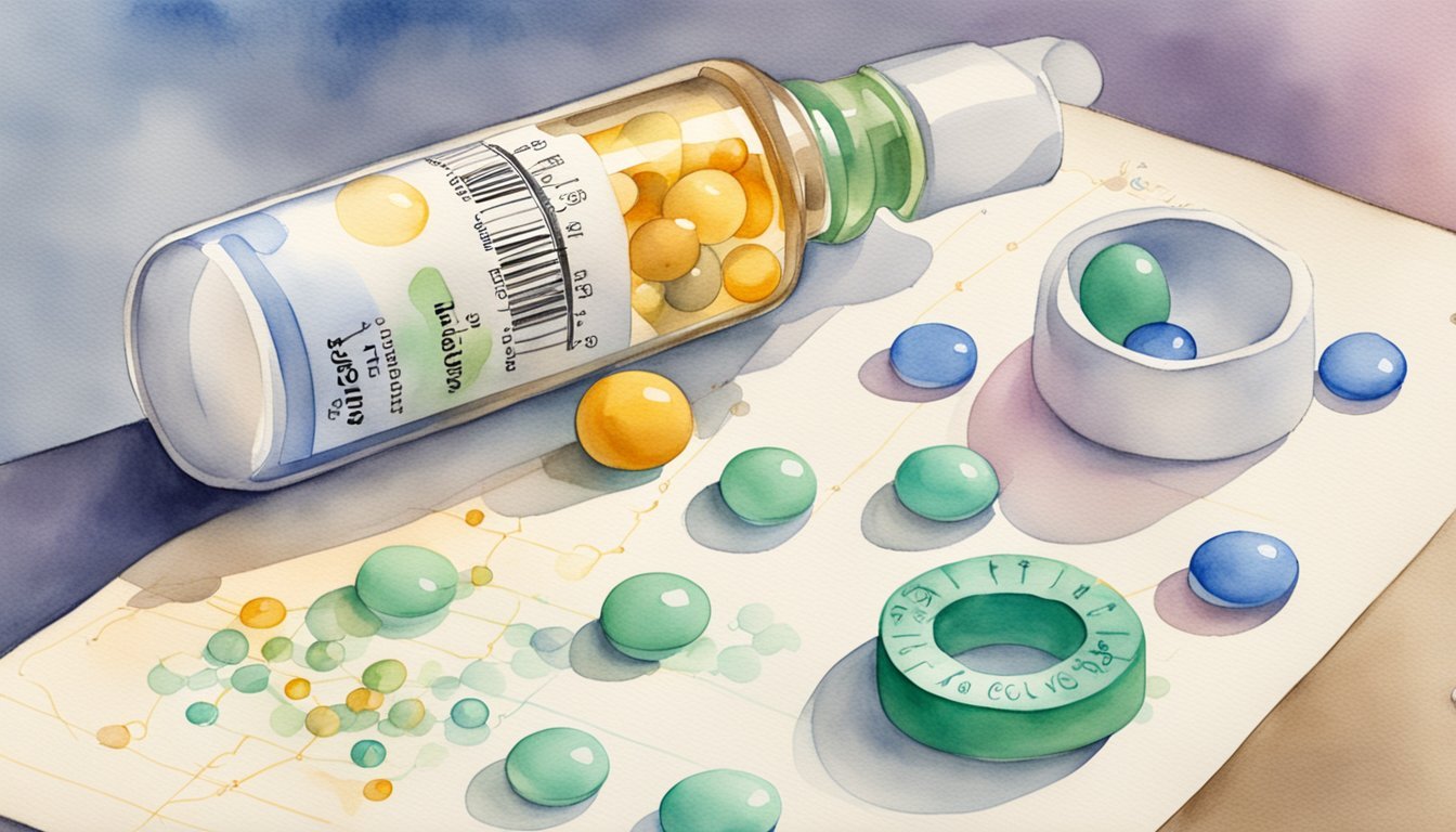 Watercolor illustration of spilled pills and a bottle.