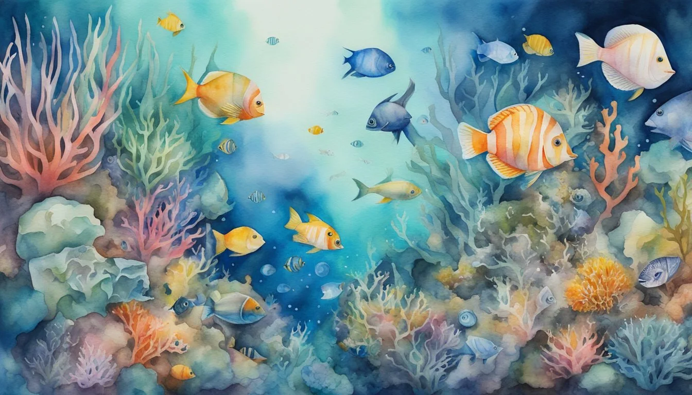 Colorful underwater coral reef with fish painting