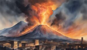 Volcano eruption painting over ancient cityscape.