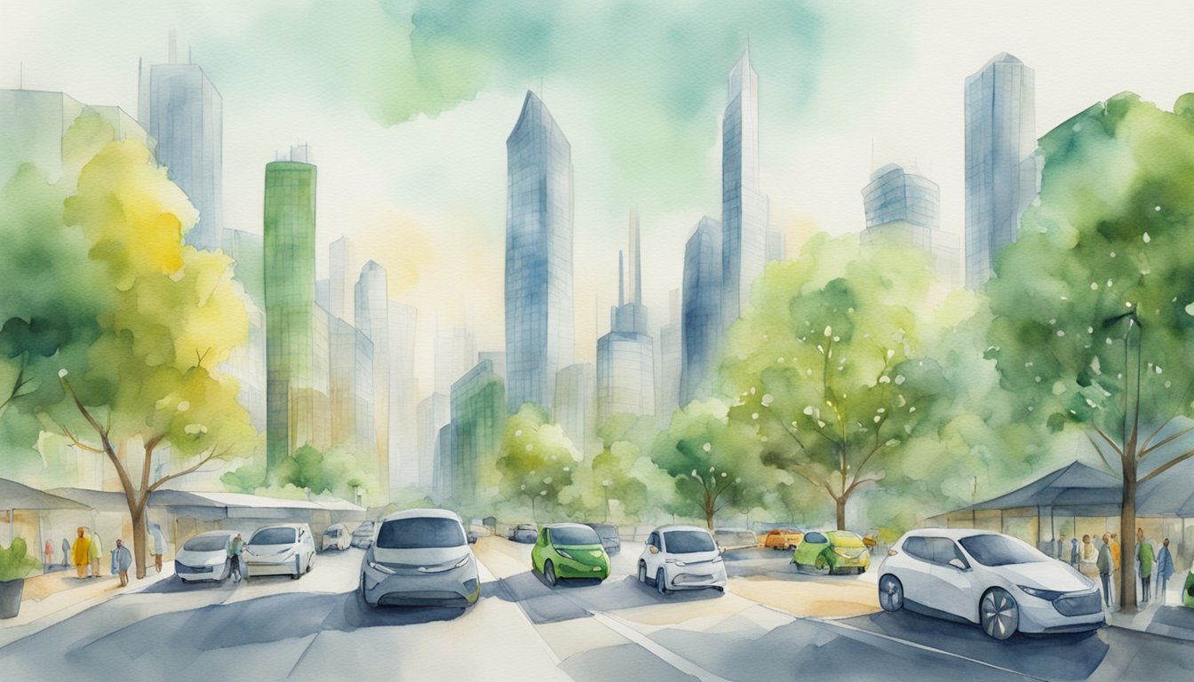 Watercolor cityscape with cars and pedestrians.