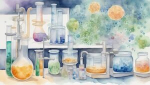 Watercolor illustration of laboratory equipment and colorful chemicals.