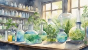 Watercolor illustration of a botanical laboratory with glassware.