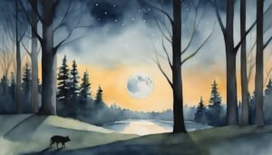 Watercolor night landscape with full moon and wolf.