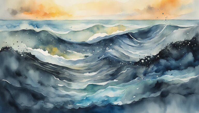 Colorful watercolor ocean waves at sunset.