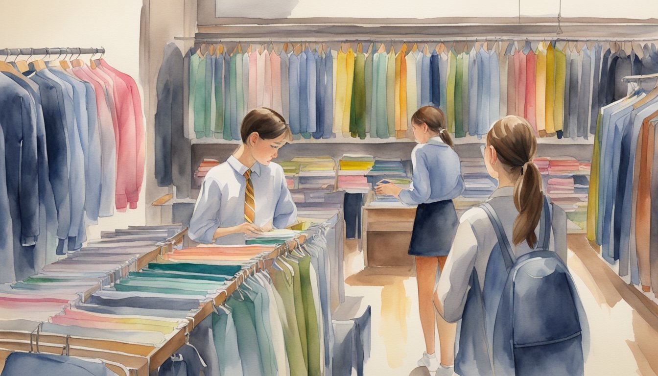 Colorful clothing store watercolor with browsing shoppers.