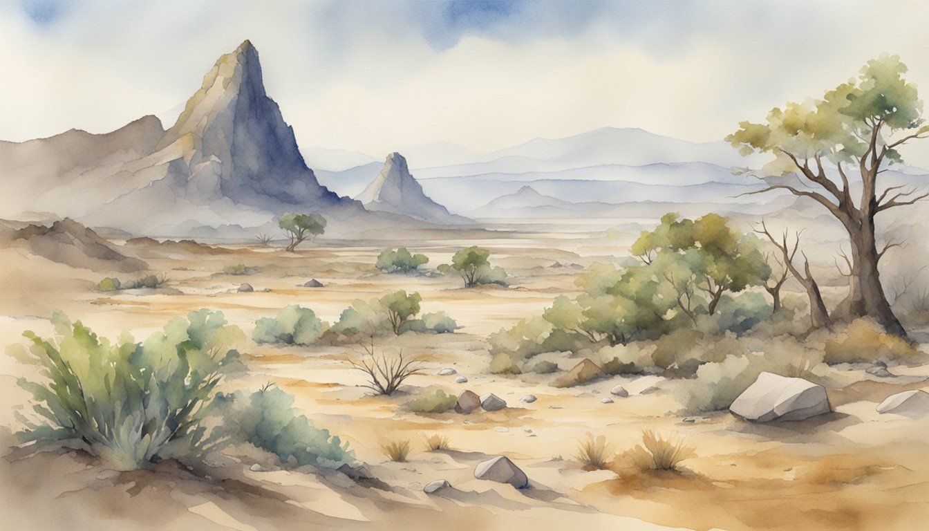 Watercolor painting of desert landscape with mountains and trees.