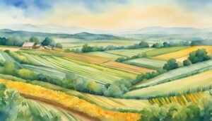 Colorful watercolor landscape of rolling farmland.