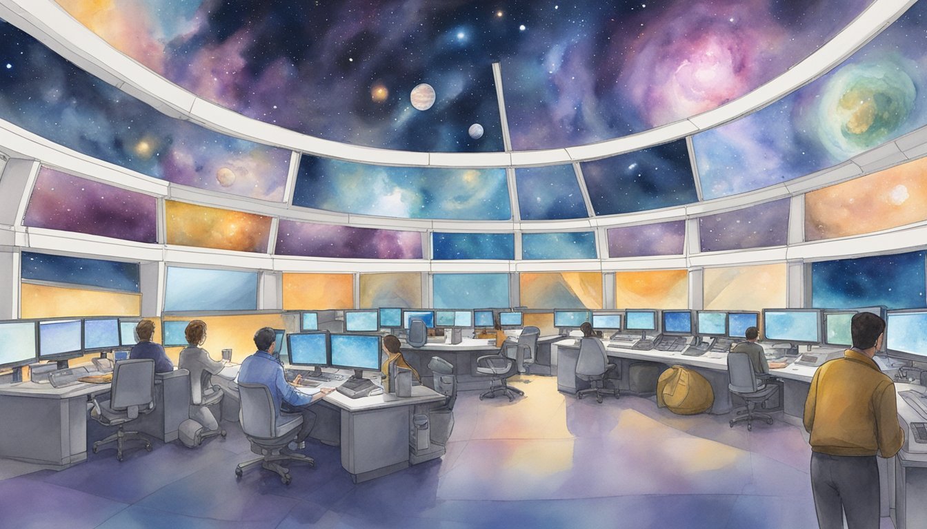 Space control room with operators monitoring cosmic views.