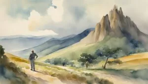 Person admiring mountains in watercolor landscape painting.